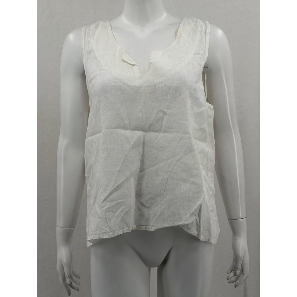 Flax Top Womens Medium White 100% Linen V-Neck Sleeveless Summer Beach Lagenlook